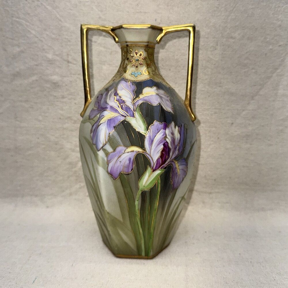 Antique 8.5” Nippon Porcelain Purple Iris Vase Hand Painted Art Nouveau Japanese
